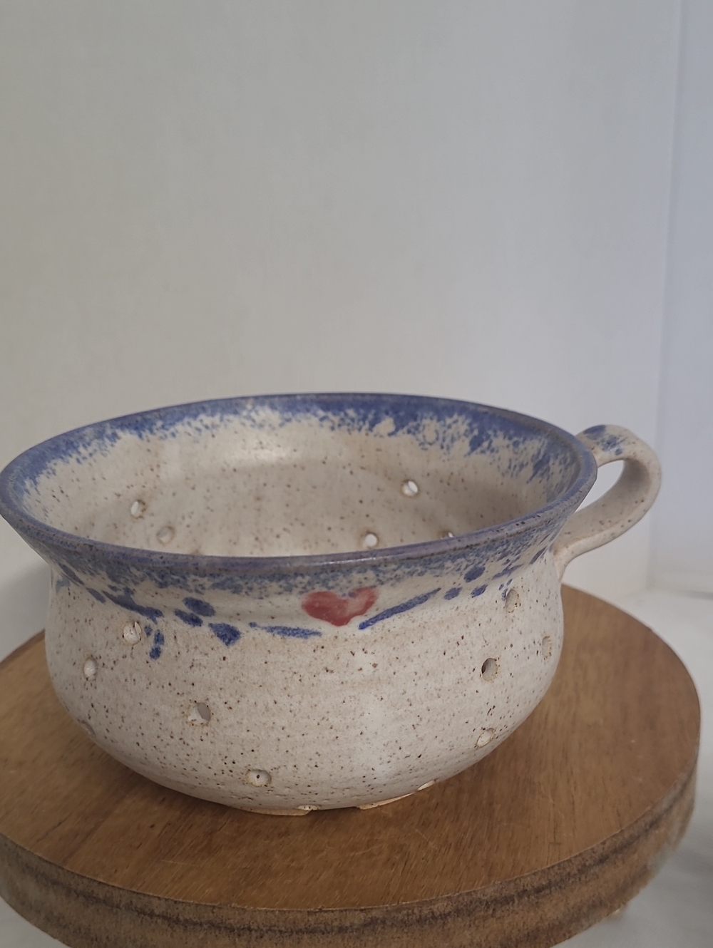 Handmade Speckled Ceramic  Colander/berry Bowl in Cream with Blue and Red.